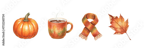 Cozy Autumn Icons Pumpkin, Hot Chocolate, Scarf, and Leaf Illustrations