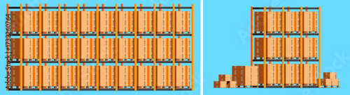 Cardboard boxes on rack and pallets in warehouse. Delivery and shipping with carton package. Storehouse and logistics distribution concept.