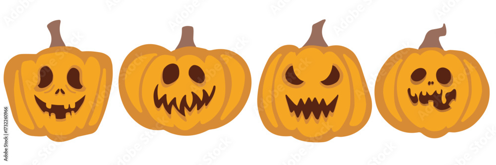 Fototapeta premium Set of four Halloween pumpkins with carved cheerful yet creepy smiles. Flat vector illustration perfect for festive designs, posters, invitations, and decor.