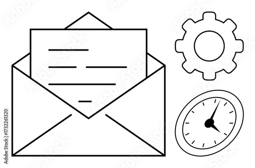 Open envelope with a letter, gear symbolizing processes, and clock depicting punctuality. Ideal for messaging, email, project planning, workflow, scheduling, productivity tips simple flat metaphor