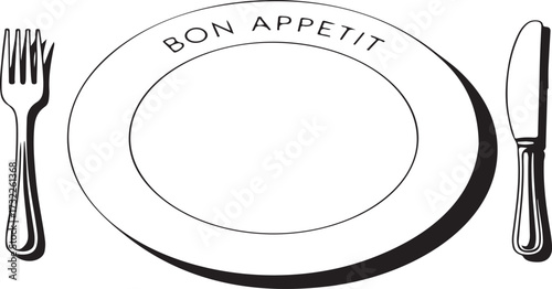 Bon appetit plate with fork and knife illustration