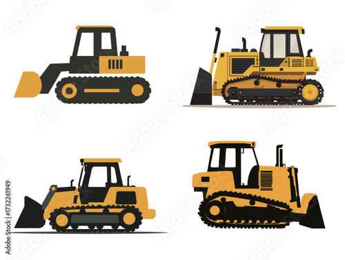 Machinery operators use heavy equipment like bulldozers and excavators for earthmoving tasks. This collection showcases different types of construction vehicles.