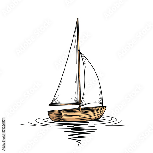 A small wooden sailboat glides serenely on the calm water with its reflection.