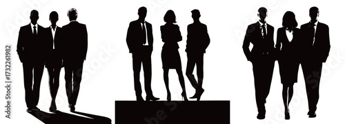 A group of six individuals in business clothing stand in various poses. The scene captures their silhouettes against a bright background, conveying a sense of collaboration.