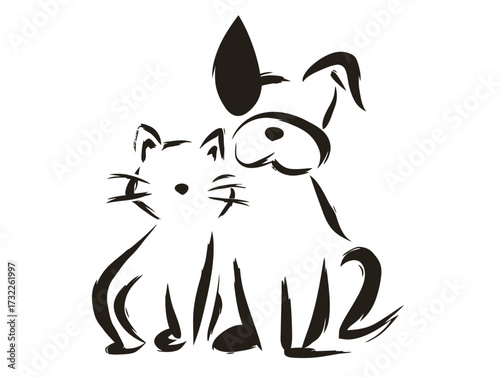 A playful illustration shows a dog and a cat sitting side by side. The dog has perked ears and a friendly expression, while the cat looks relaxed and content.