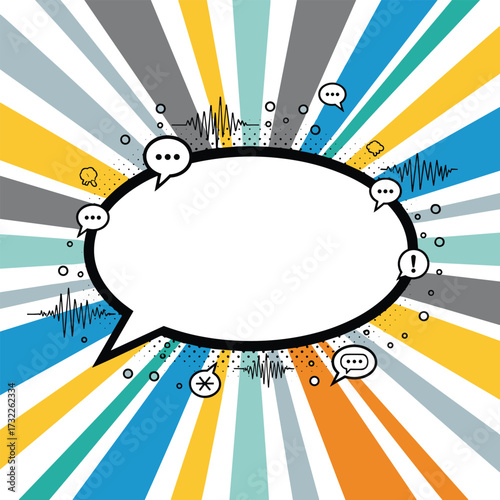 A speech bubble explodes with vibrant colors and sound waves illustrating communication and ideas taking flight.