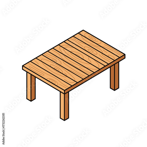 A simple wooden table with four legs in an isometric perspective drawing.
