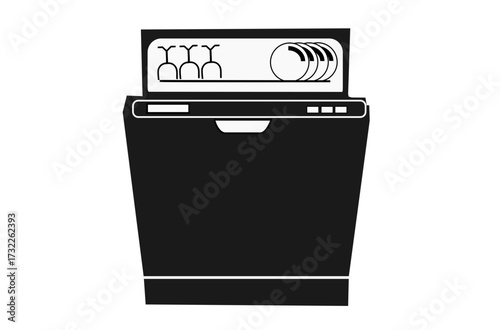Modern dishwasher with open door showing clean dishes and glassware inside