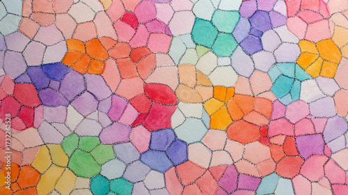 The image shows a close up of a colorful design resembling a mosaic. It is formed by many irregular geometric shapes of various sizes