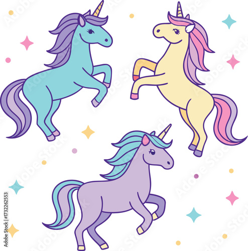 Whimsical Unicorn Illustration Trio. Playful Pastel Unicorn Art. Magical Unicorn and Stars Sticker Design.
