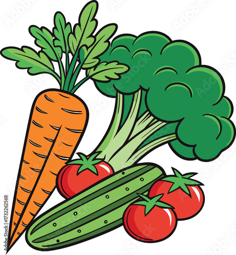 Vibrant Fresh Vegetable Illustration. Colorful Carrot Broccoli Cucumber Tomato Graphic. Healthy Food Flat Lay Art.
