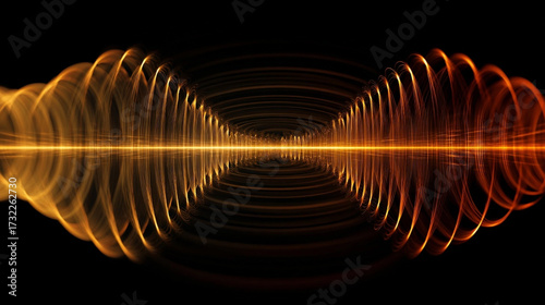 The image portrays an abstract design featuring waves of concentric shapes. A horizontal line bisects the image, creating a sense of mirrored symmetry