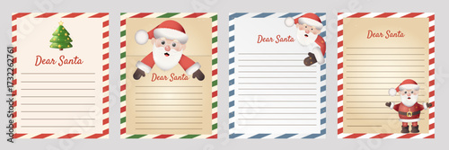Set of 4 holiday letter templates "Dear Santa" with Santa Claus, a Christmas tree, and a grid. Perfect for children's New Year's wishes, creative activities, and printing.