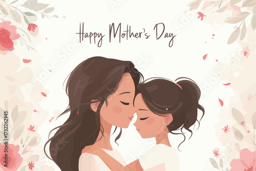 A mother and daughter share a tender moment on Mothers Day, with their foreheads touching and smiles exchanged, surrounded by floral decorations, symbolizing love.
