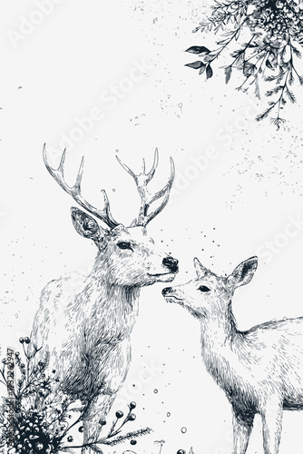 Two deer are shown interacting tenderly in a natural setting, surrounded by delicate flowers and greenery. The scene captures the essence of wildlife and nature.