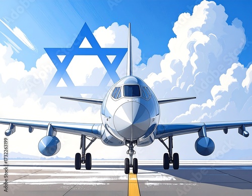 Airplane on runway against a cloudy sky with a Star of David