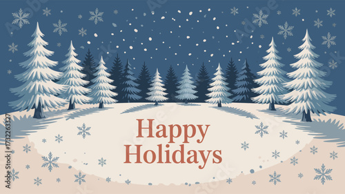 Happy Holidays Winter Scene – Snowy Landscape with Evergreen Trees, Falling Snowflakes, and Red Text for Seasonal Greeting or Decoration