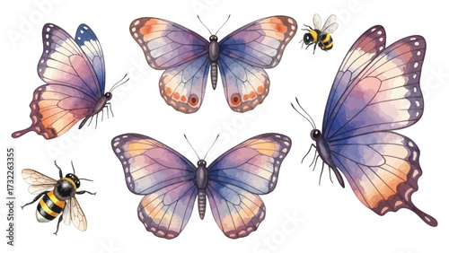 Watercolor illustration of various butterflies in purple and orange hues with two bumblebees, isolated on a white background, depicting a vibrant natural scene.