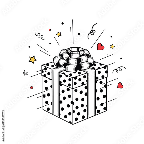 A delightful surprise unfolds from a beautifully wrapped gift box adorned with polka dots.