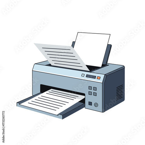 A modern office printer is shown with sheets of paper in the input and output trays.