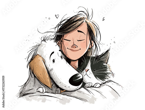 A girl smiles happily while hugging a fluffy dog and a cat. The three share a warm and affectionate moment indoors on a relaxed afternoon.