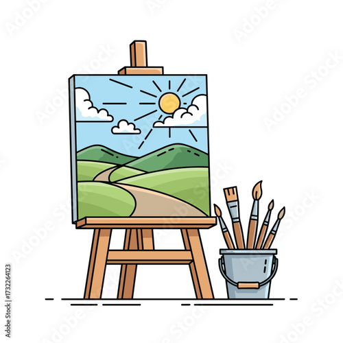 A beautiful landscape painting is displayed on an easel with brushes beside it.