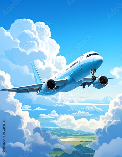 Airplane soaring through fluffy clouds