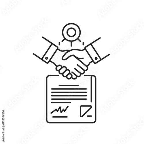 Vector Illustration of Business Agreement Handshake with Document and Seal in Black Line Art Style