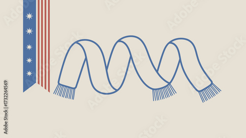 A blue outlined scarf with tassels and a blue and red banner with stars on a light background