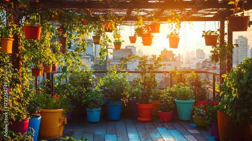 A vibrant rooftop garden with colorful potted plants and hanging vines basking in warm sunlight 
