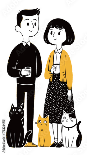 Two people stand together, holding coffee cups, with three cats around them. The scene captures a warm, pleasant moment in a relaxed atmosphere.