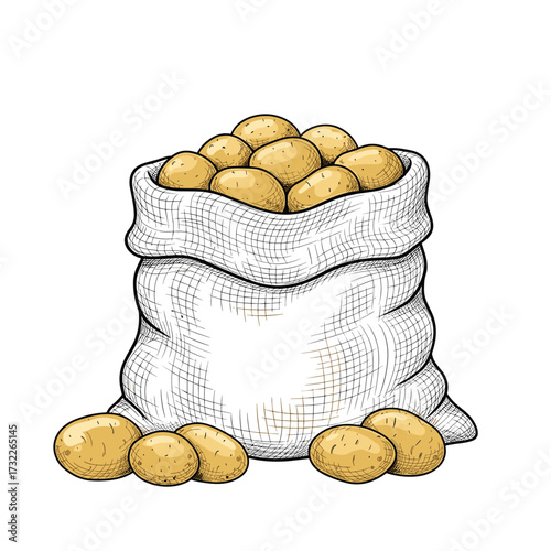 A burlap sack overflowing with fresh whole potatoes, some spilling onto the ground.
