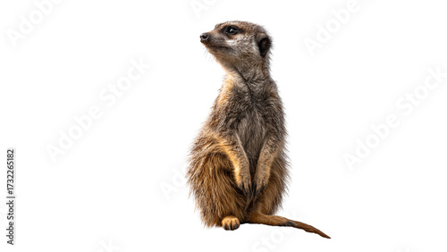 Alert meerkat standing tall on hind legs looking to the side against a dark background