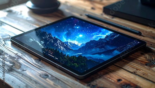 A digital tablet displays a mountainous nightscape on a wooden desk with a pen and cup, creating a calm, artistic scene
