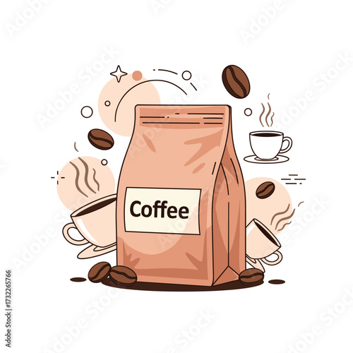 A bag of freshly roasted coffee beans with steaming cups and scattered beans.