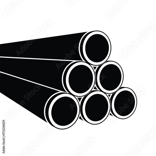 A collection of black cylindrical pipes arranged in a layered formation.