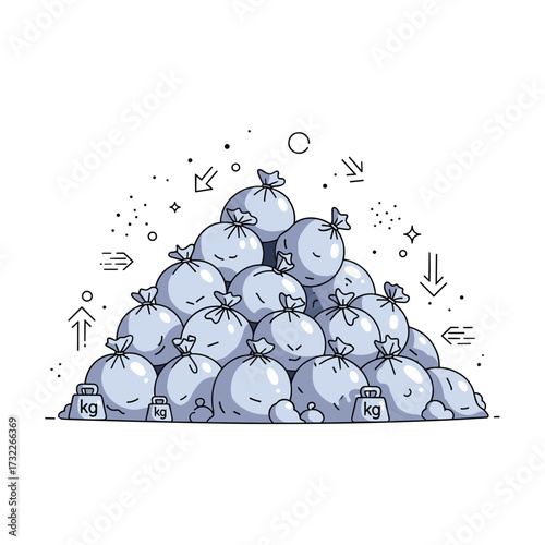 A large pile of full garbage bags is shown with indicators of weight and volume.
