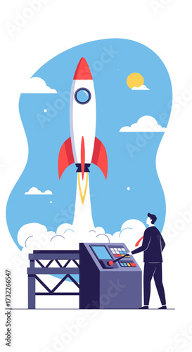 A determined businessman initiates a thrilling rocket launch into the vast blue sky with a sense of great accomplishment.