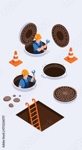 Workers performing maintenance on underground sewer systems and manholes.
