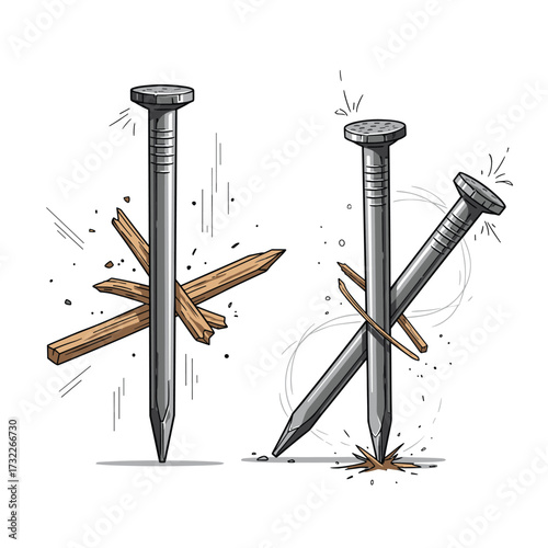 Two metal nails are piercing and breaking wooden planks with debris flying around them.