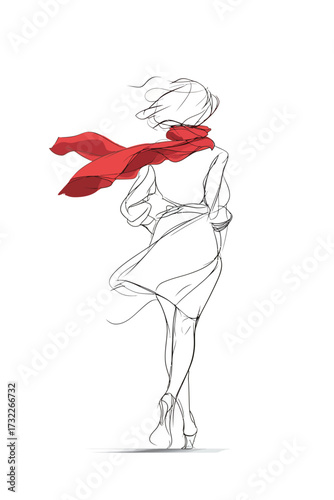 A woman is seen walking away, wearing a stylish outfit and a vibrant red scarf that billows in the wind. The illustration captures her graceful movement and elegance.