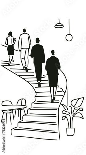 Four business professionals in smart attire ascend a stylish spiral staircase in a contemporary office. Their purposeful stride suggests a meeting or collaboration ahead.