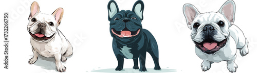 Three cheerful French bulldogs, each with distinct colors, are happily playing in a sunny park, showcasing their lively personalities and playful nature.