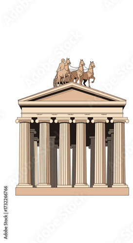 Ancient Greek temple with Corinthian columns and a chariot sculpture on its pediment.