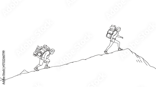Two hikers are climbing a steep mountain trail, each carrying a backpack filled with gear. The scene is set outdoors under clear skies, highlighting their adventurous spirit.