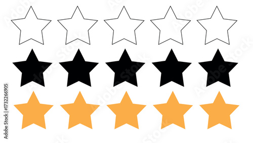 set of five rating stars in outline black and solid orange and black colors showing performance evaluation satisfaction levels for product reviews and service feedback	