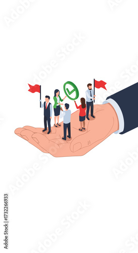 A team of business professionals holding flags and a checkmark symbol while being supported by a large hand.