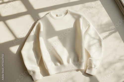 Minimalist white sweatshirt on bright background with natural shadows and dry grass decor