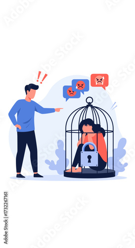 A person trapped in a cage facing verbal abuse and criticism from another person.