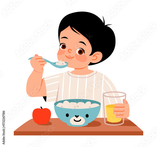 Boy eating porridge and fruit for breakfast. Healthy kids food concepts. Balanced nutrition for child. Flat vector illustration.